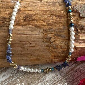 DAINTY MULTI TONE GOLD PEARLS  LAPIS BOHEMIAN NECKLACE